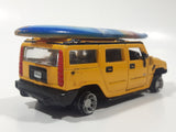 Maisto Hummer H2 SUV Yellow 1/46 Scale Pull Back Die Cast Toy Car Vehicle with Wood San Diego Surfboard On Roof No Tires