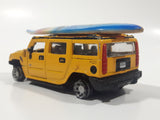 Maisto Hummer H2 SUV Yellow 1/46 Scale Pull Back Die Cast Toy Car Vehicle with Wood San Diego Surfboard On Roof No Tires