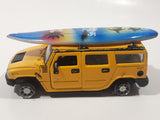 Maisto Hummer H2 SUV Yellow 1/46 Scale Pull Back Die Cast Toy Car Vehicle with Wood San Diego Surfboard On Roof No Tires