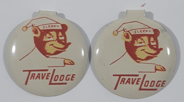 Vintage TraveLodge Sleepy Bear Fold Over Style 7/8" Metal Tab Clip Pin Set of 2