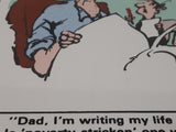 Vintage 1983 Universal Press Syndicate Herman "Dad, I'm writing my life story. Is 'poverty-stricken' one word?" 5 1/2" x 5 1/2" Wood Framed Ceramic Tile Trivet