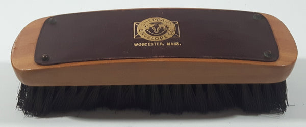 Vintage Sheppard Envelope Company 6 5/8" Long Thin Brown Leather Topped Wood Handle Brown Bristle Shoe Brush Worcester, Mass.