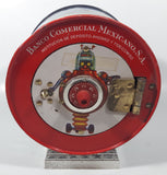 Vintage Banco Comercial Mexicano, S.A. Institucion De Deposito, Ahorro Y Fideicomiso Retro Space Age Cartoon Family and Robot Graphics with Rear Clock Hands 7 1/2" Tall Tin Metal Combination Coin Bank Safe Vault