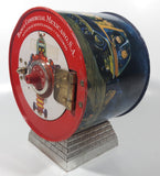 Vintage Banco Comercial Mexicano, S.A. Institucion De Deposito, Ahorro Y Fideicomiso Retro Space Age Cartoon Family and Robot Graphics with Rear Clock Hands 7 1/2" Tall Tin Metal Combination Coin Bank Safe Vault