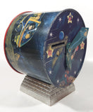 Vintage Banco Comercial Mexicano, S.A. Institucion De Deposito, Ahorro Y Fideicomiso Retro Space Age Cartoon Family and Robot Graphics with Rear Clock Hands 7 1/2" Tall Tin Metal Combination Coin Bank Safe Vault