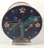 Vintage Banco Comercial Mexicano, S.A. Institucion De Deposito, Ahorro Y Fideicomiso Retro Space Age Cartoon Family and Robot Graphics with Rear Clock Hands 7 1/2" Tall Tin Metal Combination Coin Bank Safe Vault
