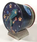 Vintage Banco Comercial Mexicano, S.A. Institucion De Deposito, Ahorro Y Fideicomiso Retro Space Age Cartoon Family and Robot Graphics with Rear Clock Hands 7 1/2" Tall Tin Metal Combination Coin Bank Safe Vault