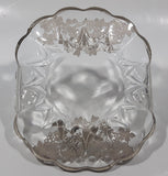 Vintage Leaves Berries and Birds Pattern Silver Overlay 6 1/2" x 7" Wide Glass Candy Serving Dish with Ornate Handles