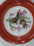 Antique German Colorful Birds and Pink Flower Themed Orange Amber Lustreware 9 1/4" Hand Painted Porcelain Bowl