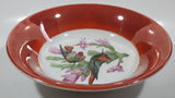 Antique German Colorful Birds and Pink Flower Themed Orange Amber Lustreware 9 1/4" Hand Painted Porcelain Bowl