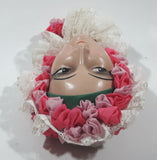 Vintage Woman Head Green Headband with Pink and White Doily Lace Bonnet