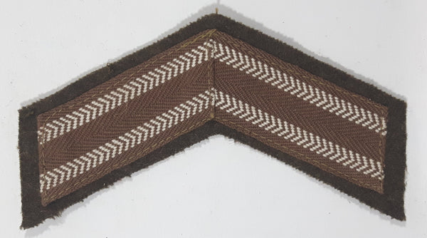 Vintage Canadian Army Corporal Rank Dull White Thread Chevron on Khaki and Dark Brown 3" x 5" Shoulder Fabric Patch Badge