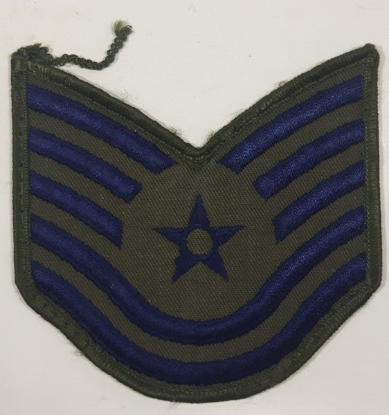 Vintage U.S. Air Force Technical Sergeant Dark Blue Thread on Olive Green 3 1/2" x 3 1/2" Fabric Patch Badge Insignia