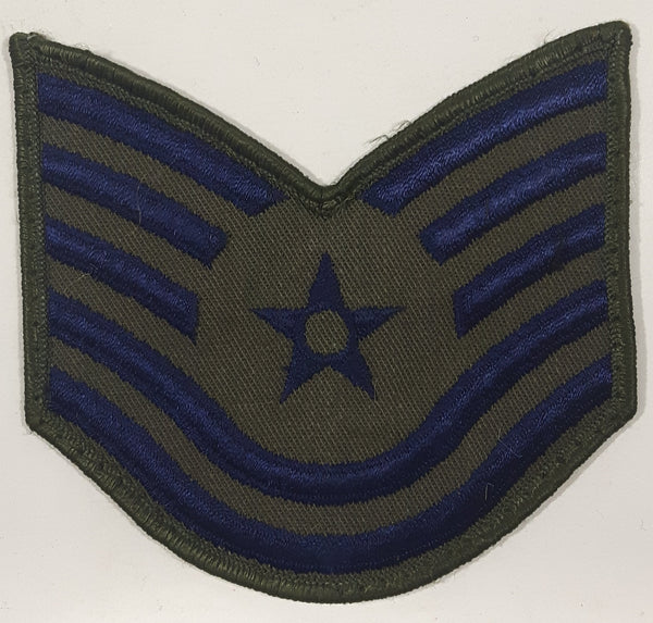 Vintage U.S. Air Force Technical Sergeant Dark Blue Thread on Olive Green 3 1/2" x 3 1/2" Fabric Patch Badge Insignia