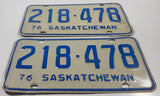 Set of Matching Vintage 1976 Saskatchewan Blue Lettering White Vehicle License Plate Metal Tags 218 478
