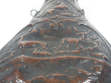 Antique 19th Century Deer Wildlife Hunting Dog Scene Design Bulb Shaped 7 3/4" Copper Metal Rifle Gun Powder Flask Bottle