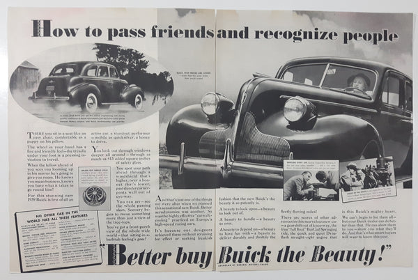 1939 Buick Sedan Black and White 13 5/8" x 21 1/2" Magazine Print Ad