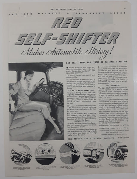 1933 The Saturday Evening Post Reo Self-Shifter 10 1/4" x 13 5/8" Magazine Print Ad