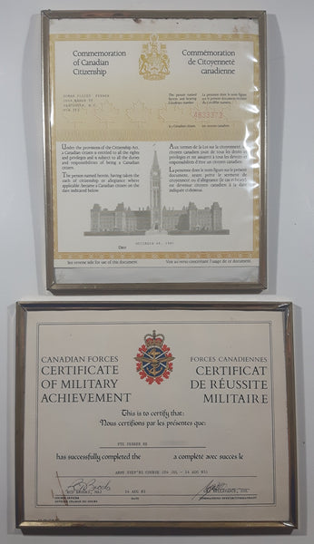 Vintage 1985 Commemoration of Canadian Citizenship and Canadian Forces Certificate Of Military Achievement Certificates Framed (No Glass)