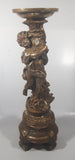 Vintage Ornate Cherub 14 1/2" Tall Gold Toned Aged Paint Carved Wood Pedestal Candle or Plant Holder Stand