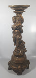Vintage Ornate Cherub 14 1/2" Tall Gold Toned Aged Paint Carved Wood Pedestal Candle or Plant Holder Stand