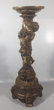 Vintage Ornate Cherub 14 1/2" Tall Gold Toned Aged Paint Carved Wood Pedestal Candle or Plant Holder Stand