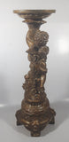 Vintage Ornate Cherub 14 1/2" Tall Gold Toned Aged Paint Carved Wood Pedestal Candle or Plant Holder Stand