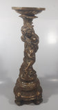 Vintage Ornate Cherub 14 1/2" Tall Gold Toned Aged Paint Carved Wood Pedestal Candle or Plant Holder Stand