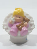 2009 Mattel Fisher Price Little People Blonde Baby Girl in Pink with Brown Teddy Bear 2 3/8" Tall Toy Figure