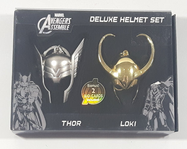 Monogram Marvel Avengers Assemble Deluxe Helmet Set Thor Pewter and Loki Gold Bonus! 2 Bio-Cards Included New in Box