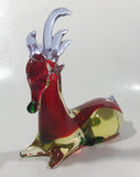 Vintage Laying Reindeer Red Green and Clear 6 1/4" Long Art Vaseline Uranium Glass Ornament