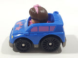 2016 Mattel Fisher Price Little People Wheelies Girl with Pink Headband in Blue Plastic Toy Car Vehicle
