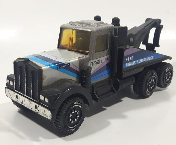 Vintage Tonka 58150 Kenworth Tow Truck 24 HR Towing / Remorquarge Silver and Black Pressed Steel and Plastic Die Cast Toy Car Vehicle