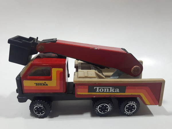 Vintage Early 1980s Tonka Crane Boom Truck Red and Beige Pressed Steel Toy Car Vehicle Collectible