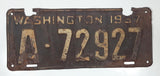 Antique 1937 Washington Metal Vehicle License Plate Tag A 72927