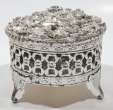 Flower Pattern Ornate Silver Look Metal Jewelry Trinket Box with Lid 3" Diameter