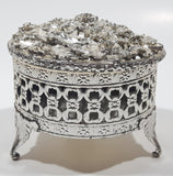 Flower Pattern Ornate Silver Look Metal Jewelry Trinket Box with Lid 3" Diameter