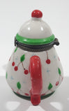 Vintage Miniature Red White Green Teapot Shaped Butterfly Clasp 2 3/4" Tall Trinket Jewelry Box