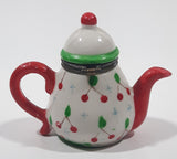 Vintage Miniature Red White Green Teapot Shaped Butterfly Clasp 2 3/4" Tall Trinket Jewelry Box