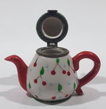 Vintage Miniature Red White Green Teapot Shaped Butterfly Clasp 2 3/4" Tall Trinket Jewelry Box