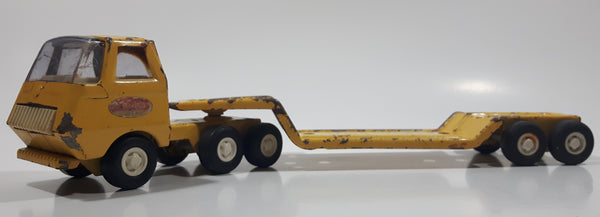 Vintage 1970s Tonka Semi Tractor Truck and Lowboy Trailer Yellow 11 1/4" Long Pressed Steel and Plastic Die Cast Toy Car Vehicle