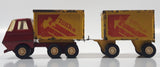 Vintage 1970s Tonka Semi Truck Box Dumper and Box Trailer Red and Yellow Pressed Steel Toy Car Vehicle
