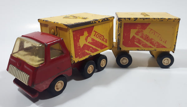 Vintage 1970s Tonka Semi Truck Box Dumper and Box Trailer Red and Yellow Pressed Steel Toy Car Vehicle