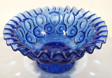 Vintage Mosser / Weishar Ruffled Edge Moons & Stars Pattern 8" Cobalt Blue Glass Pedestal Candy Dish Bowl