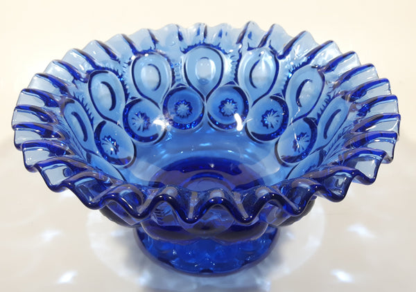 Vintage Mosser / Weishar Ruffled Edge Moons & Stars Pattern 8" Cobalt Blue Glass Pedestal Candy Dish Bowl