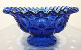 Vintage Mosser / Weishar Ruffled Edge Moons & Stars Pattern 8" Cobalt Blue Glass Pedestal Candy Dish Bowl
