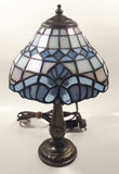 Vintage Blue and White Stained Glass Baroque European Style 11" Tall Brass Metal Table Lamp