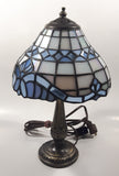 Vintage Blue and White Stained Glass Baroque European Style 11" Tall Brass Metal Table Lamp