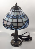Vintage Blue and White Stained Glass Baroque European Style 11" Tall Brass Metal Table Lamp
