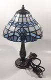 Vintage Blue and White Stained Glass Baroque European Style 11" Tall Brass Metal Table Lamp